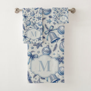 Custom Monogram Blue Toile Christmas Ornaments Bath Towel Set