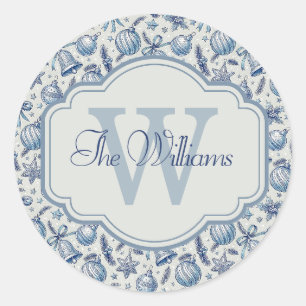 Custom Monogram Blue Toile Christmas Ornaments Classic Round Sticker
