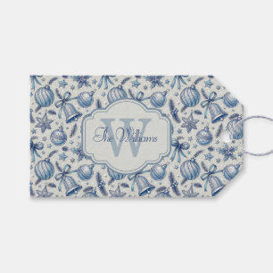 Custom Monogram Blue Toile Christmas Ornaments  Gift Tags