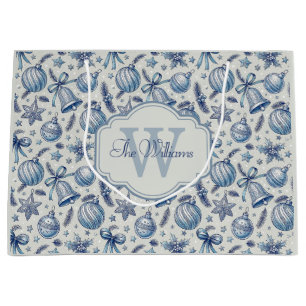 Custom Monogram Blue Toile Christmas Ornaments Large Gift Bag