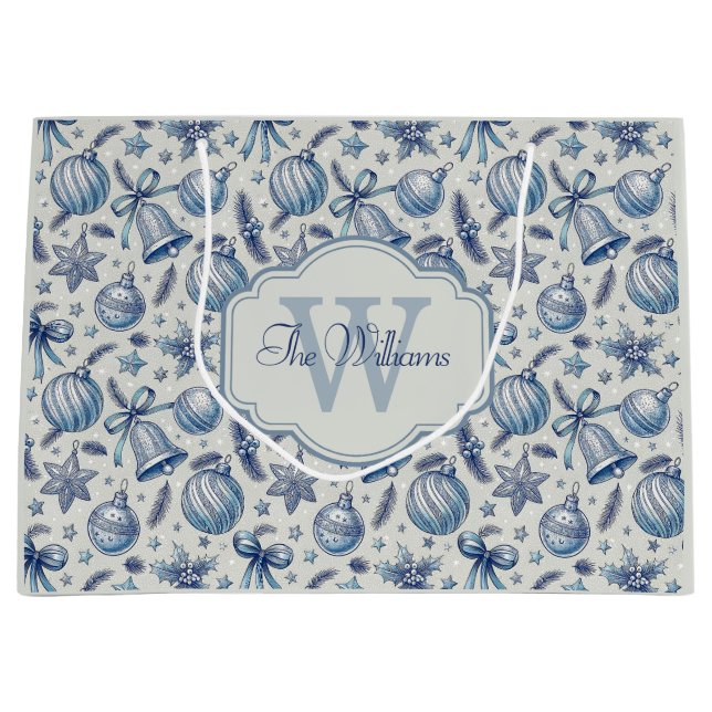 Custom Monogram Blue Toile Christmas Ornaments  Large Gift Bag (Front)