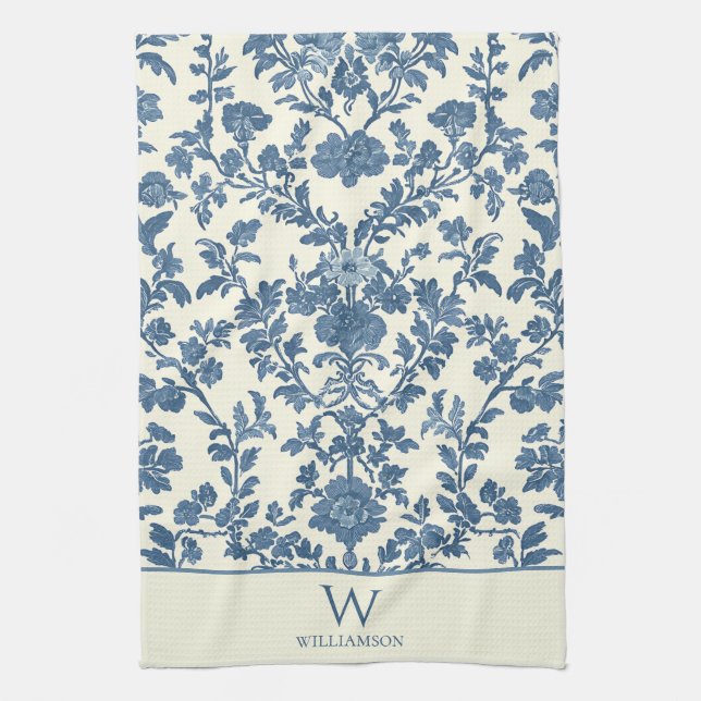 Custom Monogram Blue Toile Kitchen Towel (Vertical)