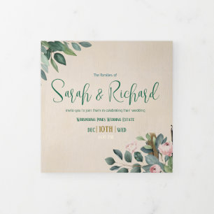 Custom Monogram Blush Floral Wedding Photo Tri-Fold Invitation
