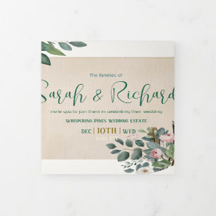 Custom Monogram Blush Floral Wedding Photo Tri-Fold Invitation