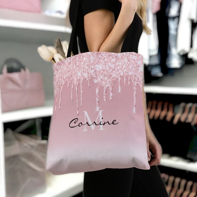 Custom Monogram Blush Pink Glitter Drips Metallic Tote Bag (Creator Uploaded)