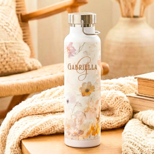 Custom Monogram Boho Chic Floral Watercolor Water Bottle