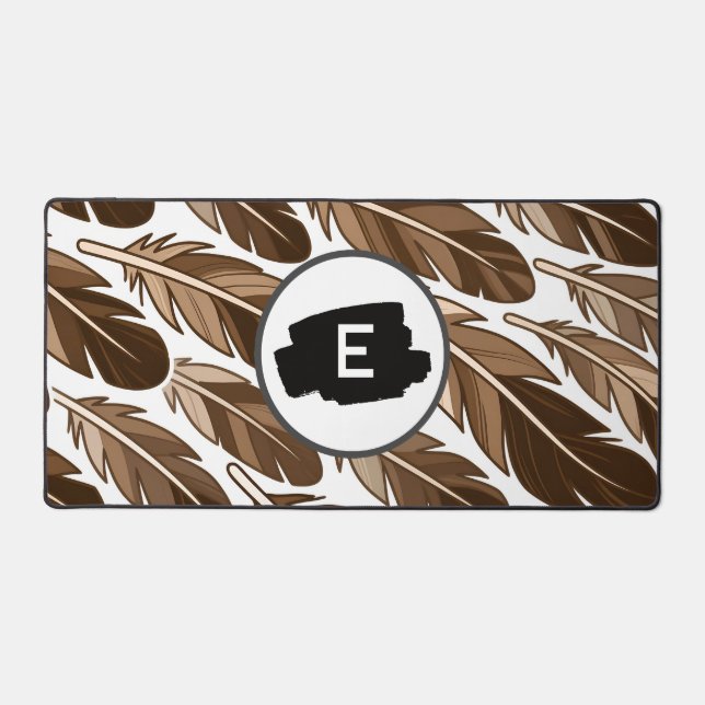 Custom Monogram Boho Desk Mat – Brown Feathers (Front)