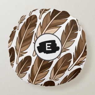 Custom Monogram Boho Round Pillow – Brown Feathers