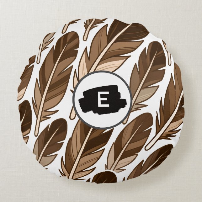 Custom Monogram Boho Round Pillow – Brown Feathers (Front)