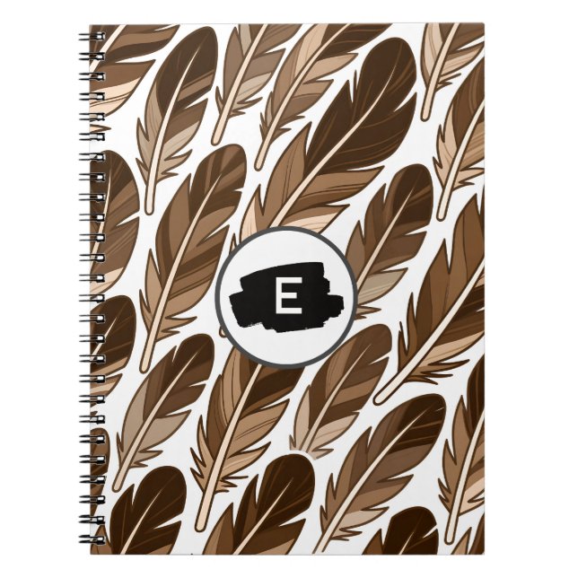 Custom Monogram Boho Spiral Notebook Brown Feather (Front)