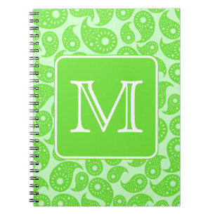 Custom Monogram. Bright Green Paisley Pattern. Spiral Notebook