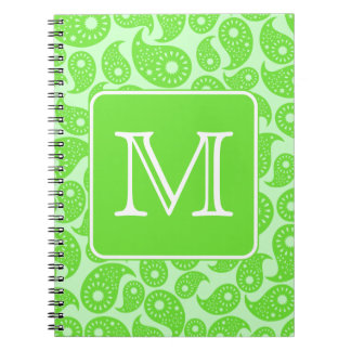 Custom Monogram. Bright Green Paisley Pattern. Spiral Notebook