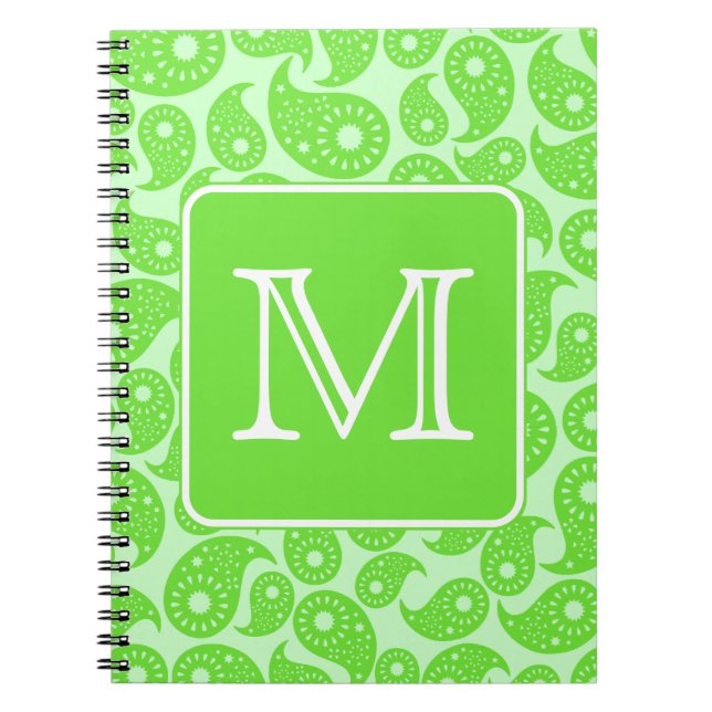 Custom Monogram. Bright Green Paisley Pattern. Spiral Notebook (Front)