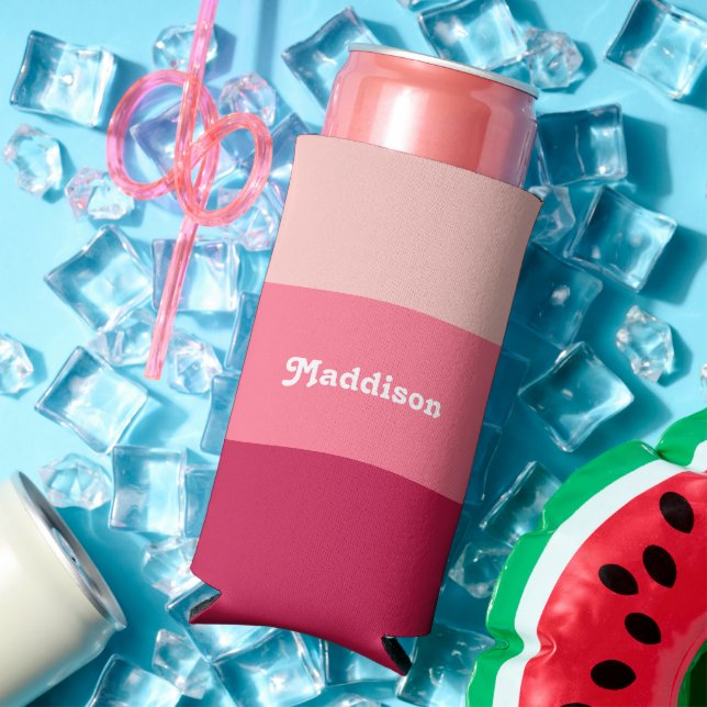Custom monogram, bright pink retro typography  seltzer can cooler (In Situ Summer)