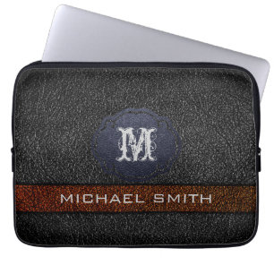 Custom Monogram Brown and Black Leather Laptop Sleeve