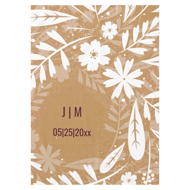 Custom Monogram Brown and White Leaf Tablecloth (Front)