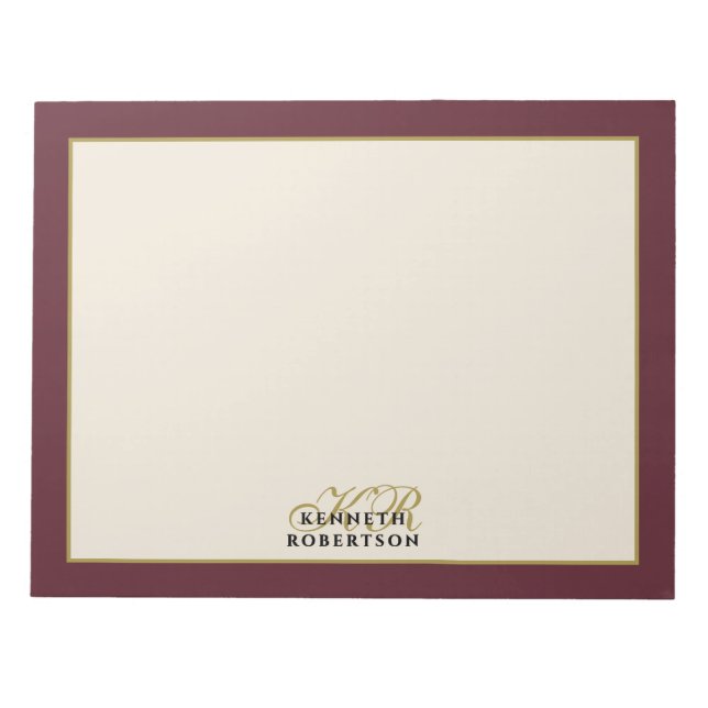 Custom Monogram Burgundy Cream Gold Minimalist Men Notepad (Front)
