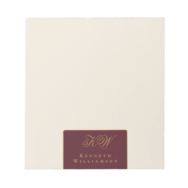 Custom Monogram Burgundy Gold Cream Minimalist Men Notepad (Front)
