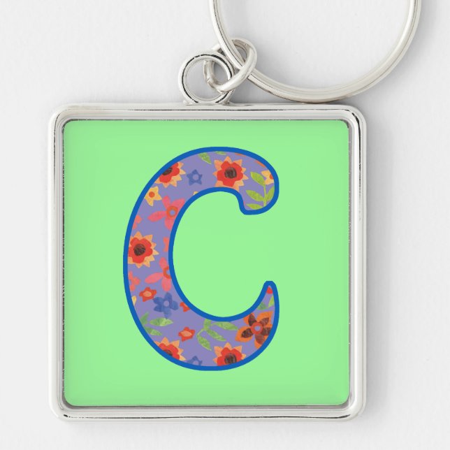 Custom Monogram C Keychain, Ditsy Floral Pattern Key Ring (Front)