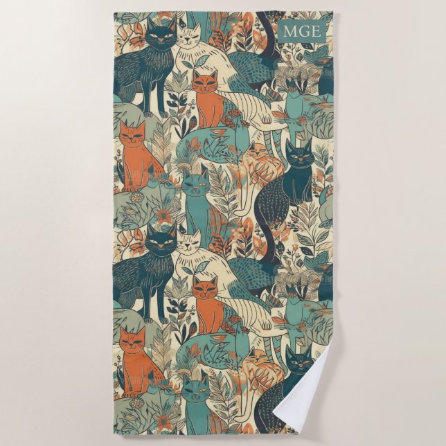Custom Monogram Cats Pattern Beach Towel (Front)