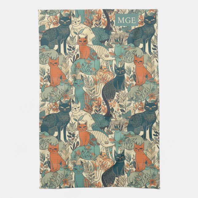 Custom Monogram Cats Pattern Tea Towel (Vertical)