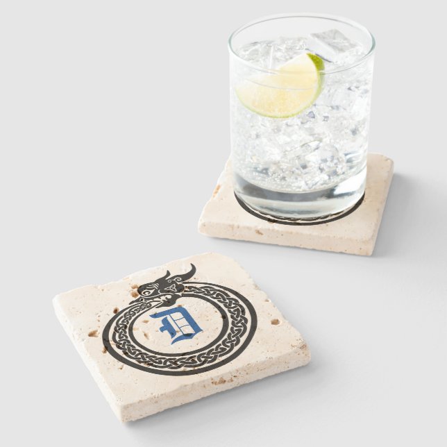 Custom Monogram Celtic Style Ouroboros Stone Coaster (Side)