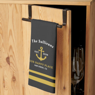 Custom Monogram Charcoal Black Gold Anchor Tea Towel