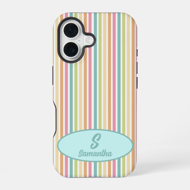 Custom Monogram Cheerful Pastel Stripes  iPhone 16 Case (Back)