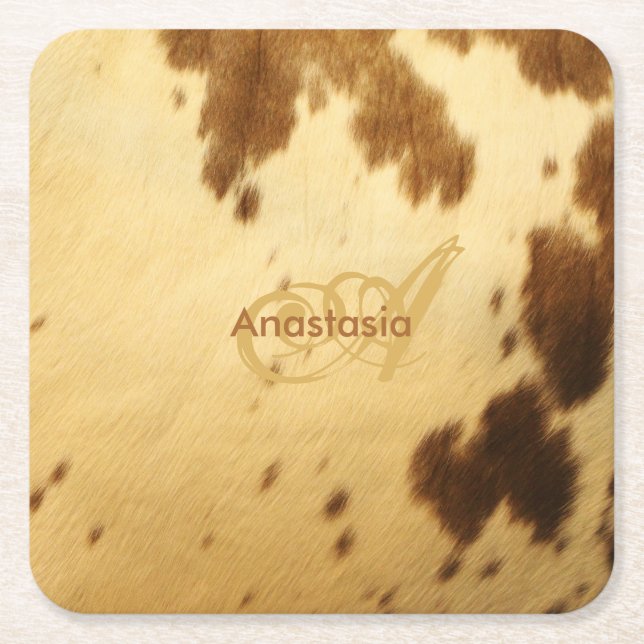 Custom Monogram Chic Beige Brown Animal Fur Prints Square Paper Coaster (Front)