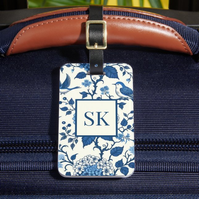 Custom Monogram Chinoiserie Blue and White  Luggage Tag (Front Insitu 2)