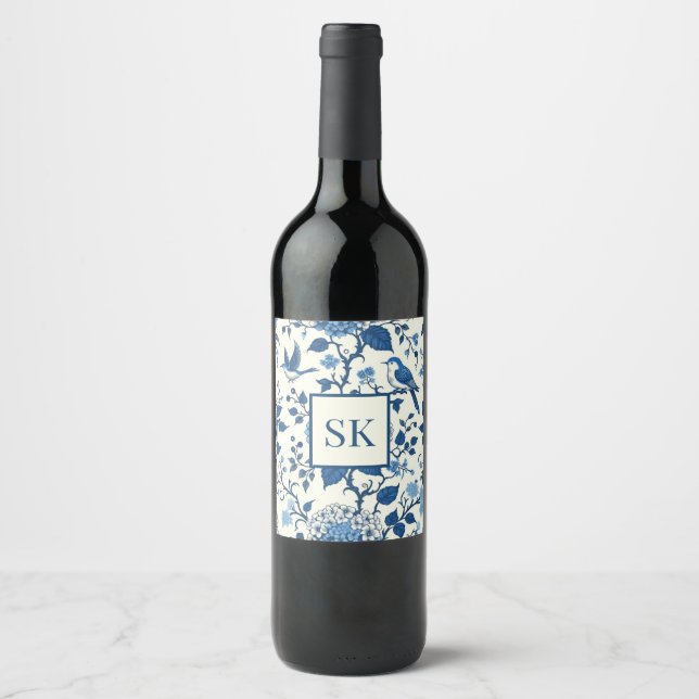 Custom Monogram Chinoiserie Blue and White  Wine Label (Front)