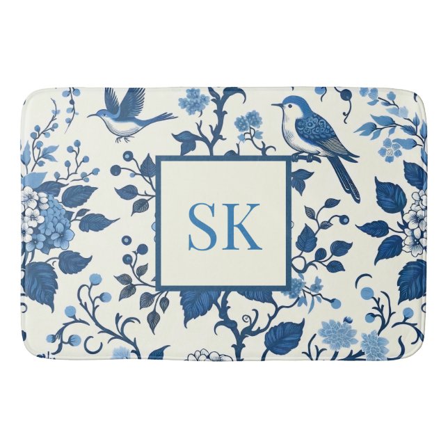 Custom Monogram Chinoiserie Chic, Hydrangeas  Bath Mat (Front)