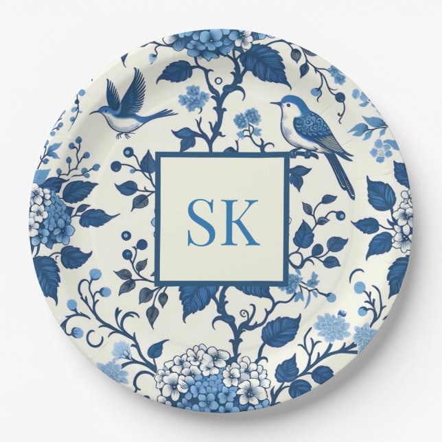Custom Monogram Chinoiserie Chic, Hydrangeas  Paper Plate (Front)