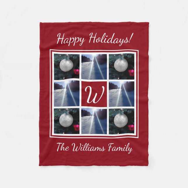 Custom monogram Christmas photo collage template Fleece Blanket (Front)