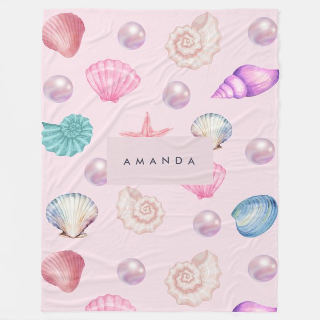 Custom Monogram Coastal Seashell Pearl Ocean Gifts Fleece Blanket (Front)