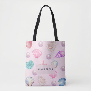 Custom Monogram Coastal Seashell Pearl Ocean Gifts Tote Bag