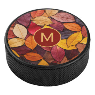 Custom Monogram Colourful Autumn Leaves Hockey Puck