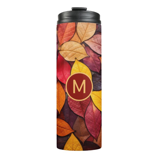 Custom Monogram Colourful Autumn Leaves Thermal Tumbler (Front)