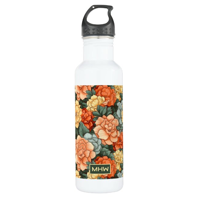 Custom Monogram Colourful Flower Pattern 710 Ml Water Bottle (Front)