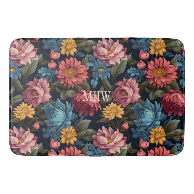Custom Monogram Colourful Flower Pattern Bath Mat (Front)