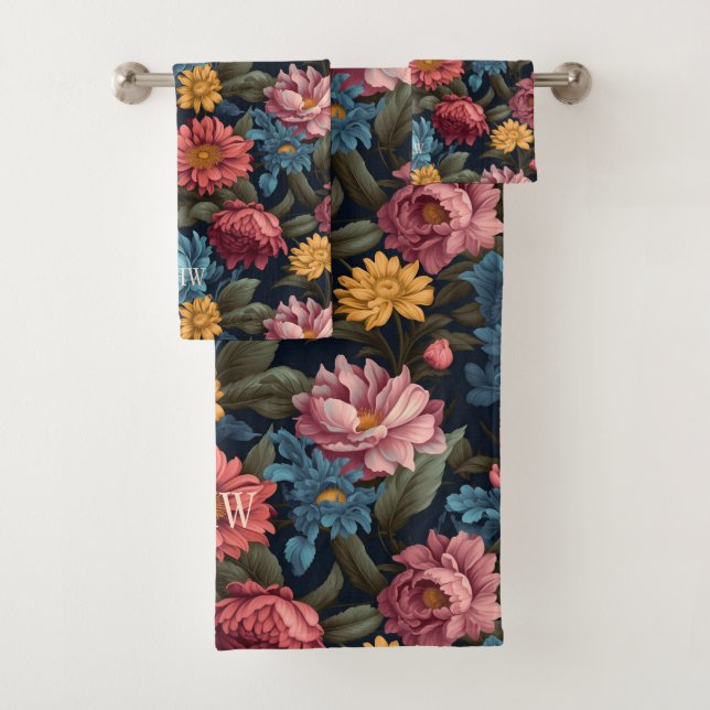 Custom Monogram Colourful Flower Pattern Bath Towel Set (Insitu)