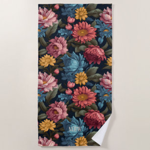 Custom Monogram Colourful Flower Pattern Beach Towel