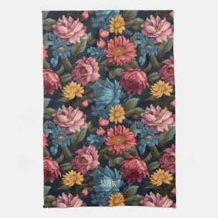 Custom Monogram Colourful Flower Pattern Tea Towel