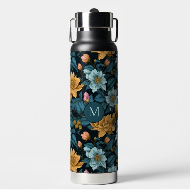 Custom Monogram Colourful Flower Pattern Water Bottle (Front)