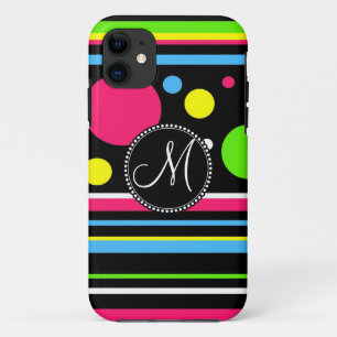 Custom Monogram Colourful Neon Stripes Polka Dots iPhone 11 Case
