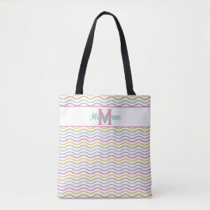 Custom Monogram Colourful Wavy Stripes Pastel Tote Bag