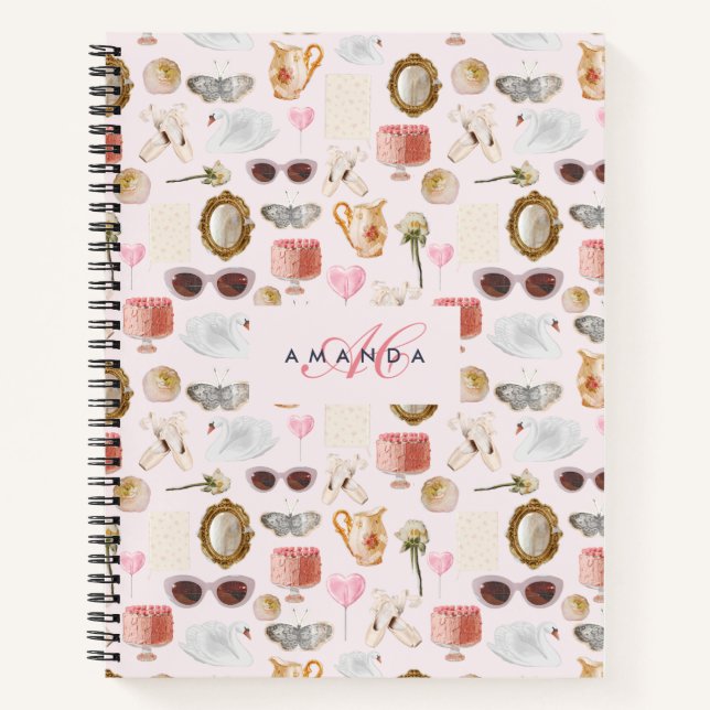 Custom Monogram Coquette Cute Girly Pink Feminine  Notebook (Front)
