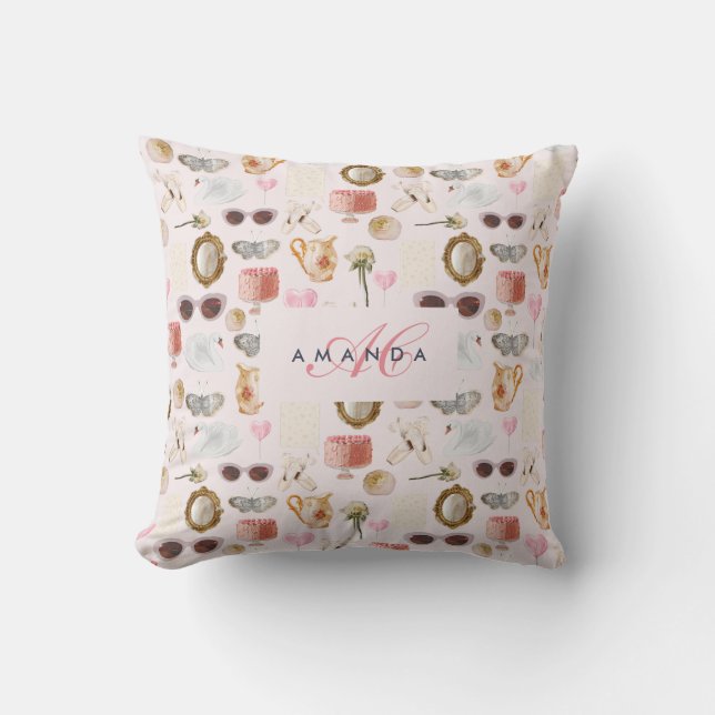 Custom Monogram Coquette Cute Girly Throw Pillow (Front)