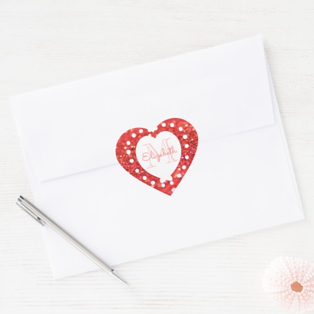 Custom Monogram Coral Glitter Bokeh White Heart Sticker (Envelope)