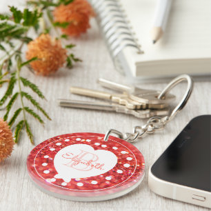 Custom Monogram Coral Glitter White Heart Dots Key Ring
